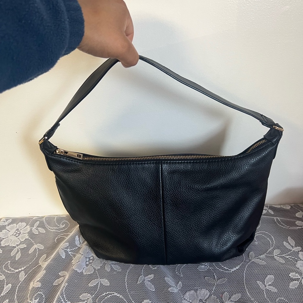 a new day Black Pebbled Shoulder Hobo Bag with Gold Hardware
